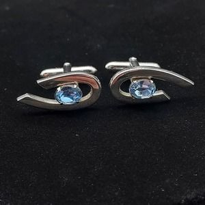 Swank Silver Tone Cufflinks Blue Rhinestones Vintage Mens Fashion Accessory